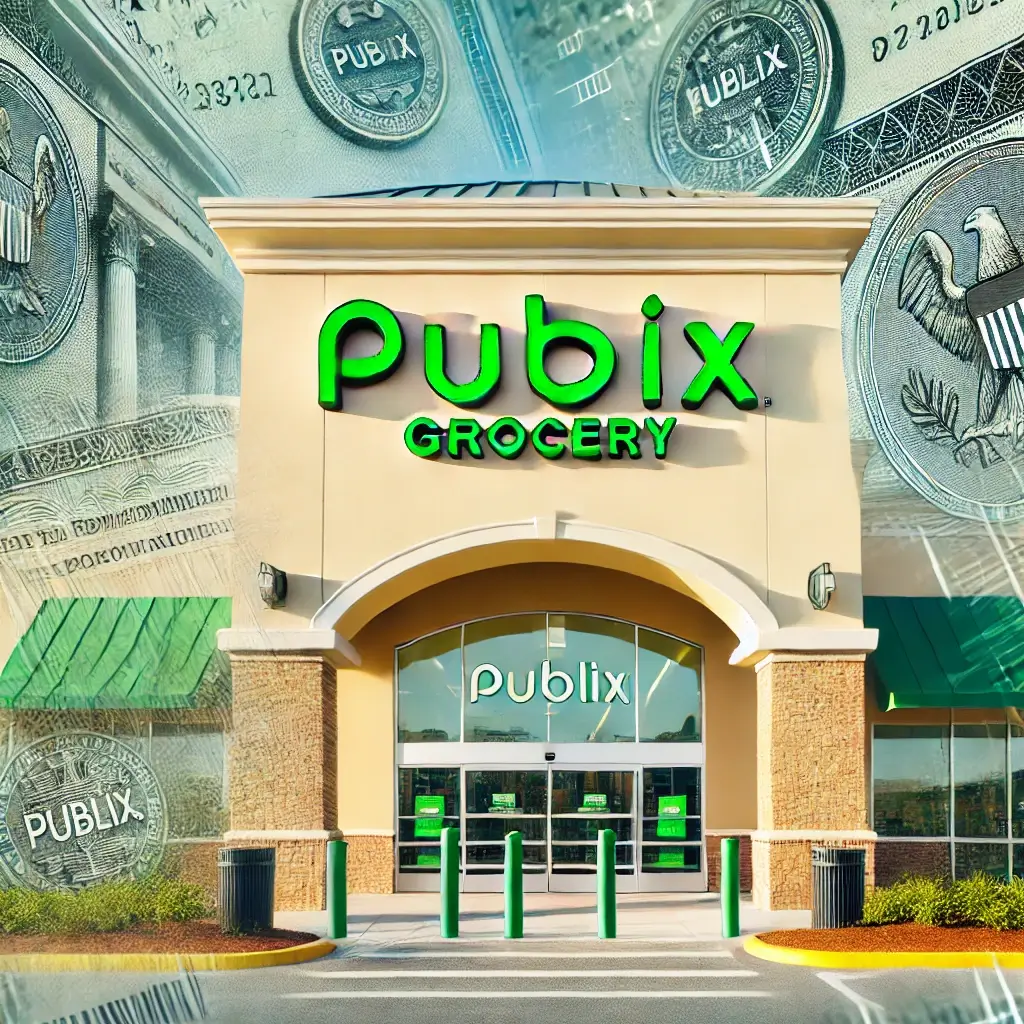 A Publix grocery storefront with its recognizable green logo and a welcoming entrance. In the background, there are subtly overlaid stock certificates