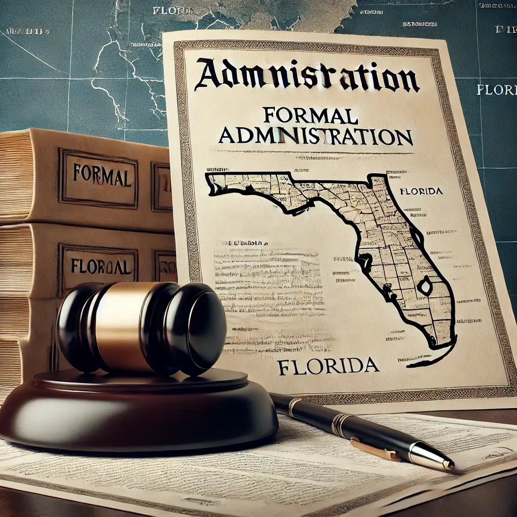 A judge’s gavel placed beside a stack of legal documents labeled 'Formal Administration' with clean and elegant typography. The documents appear office