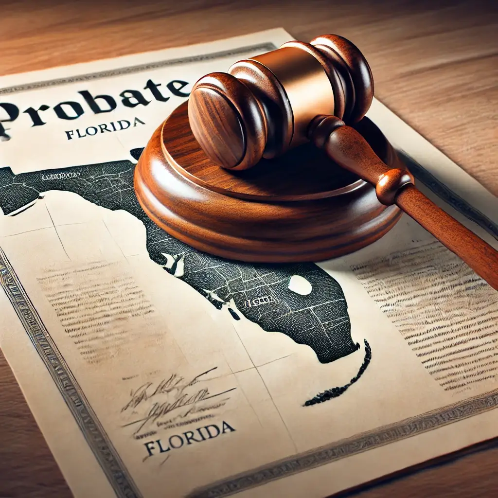 A judge’s gavel placed on top of probate documents with a Florida map overlay. The probate documents have an official look with formal formatting