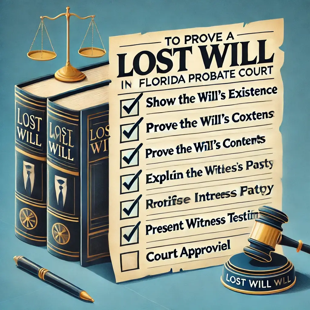 a poster with a book and a gavel, A professional and visually appealing checklist graphic outlining the steps to prove a lost will in Florida probate court.