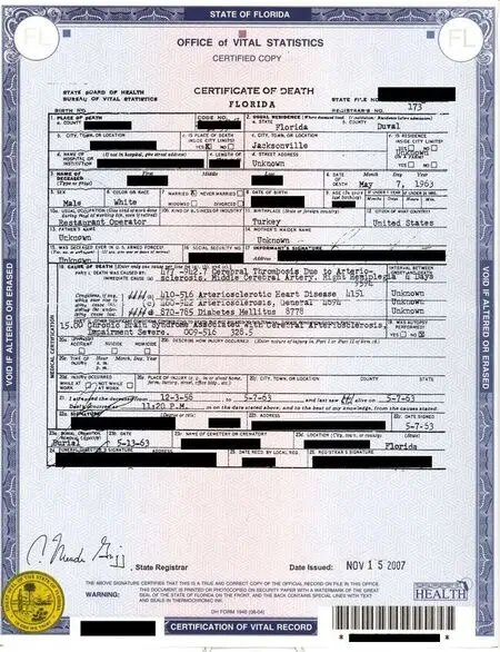 A photo of an official Florida death certificate.