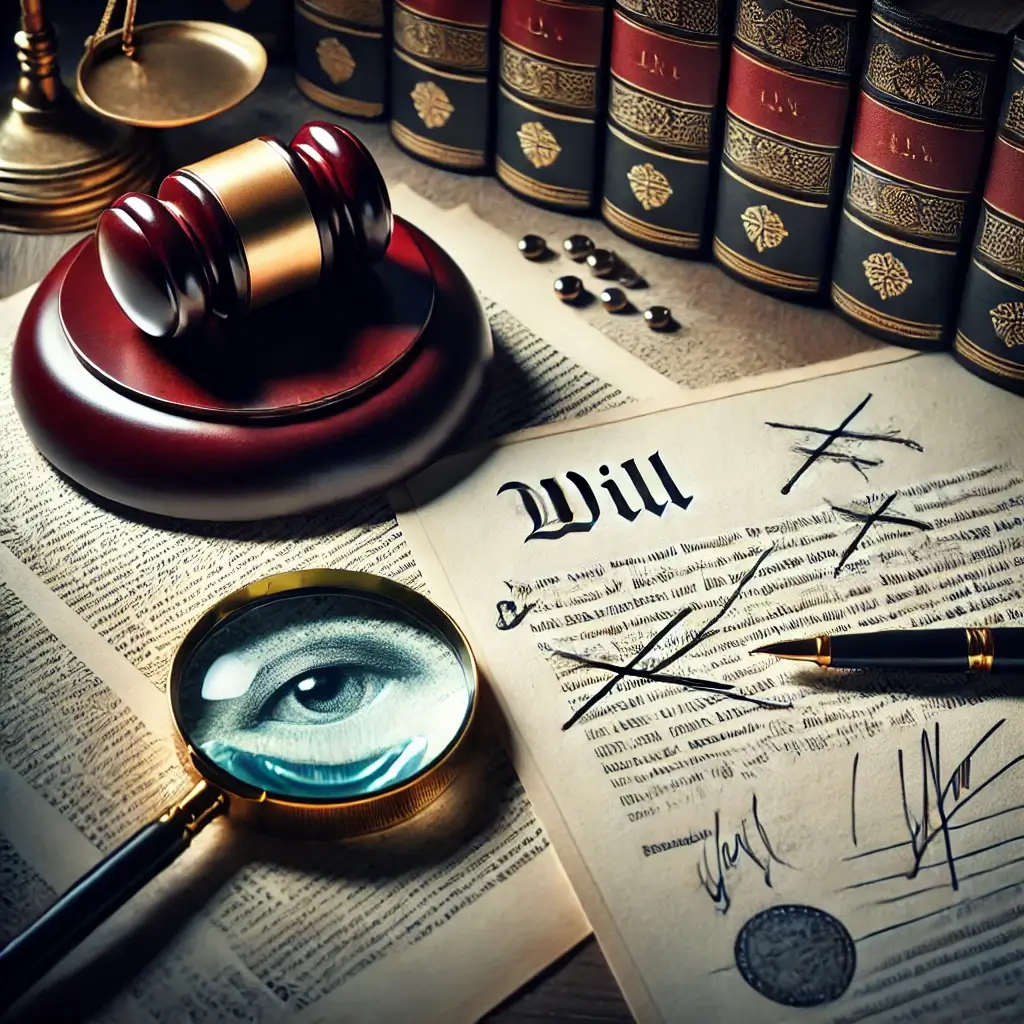 Florida Will and Trust Fraud: A judge’s gavel beside a suspiciously altered will with crossed-out text, magnified under a glass in a dimly lit legal office