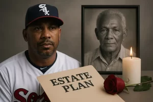 Octavio Dotel and his father with symbols of estate planning for unexpected death
