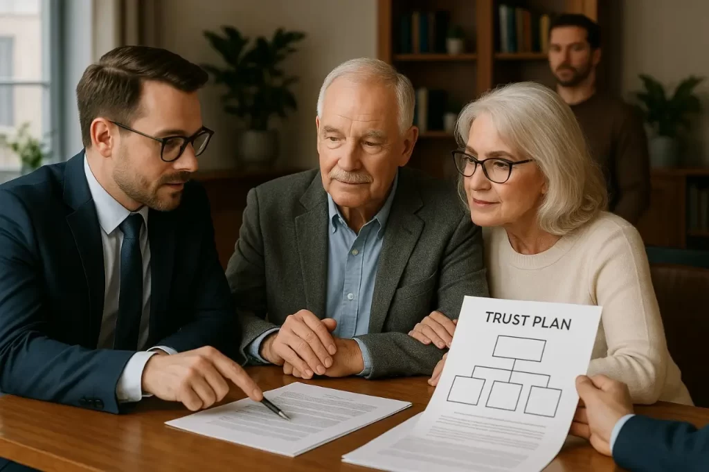 Business owner planning estate strategy with family and advisor