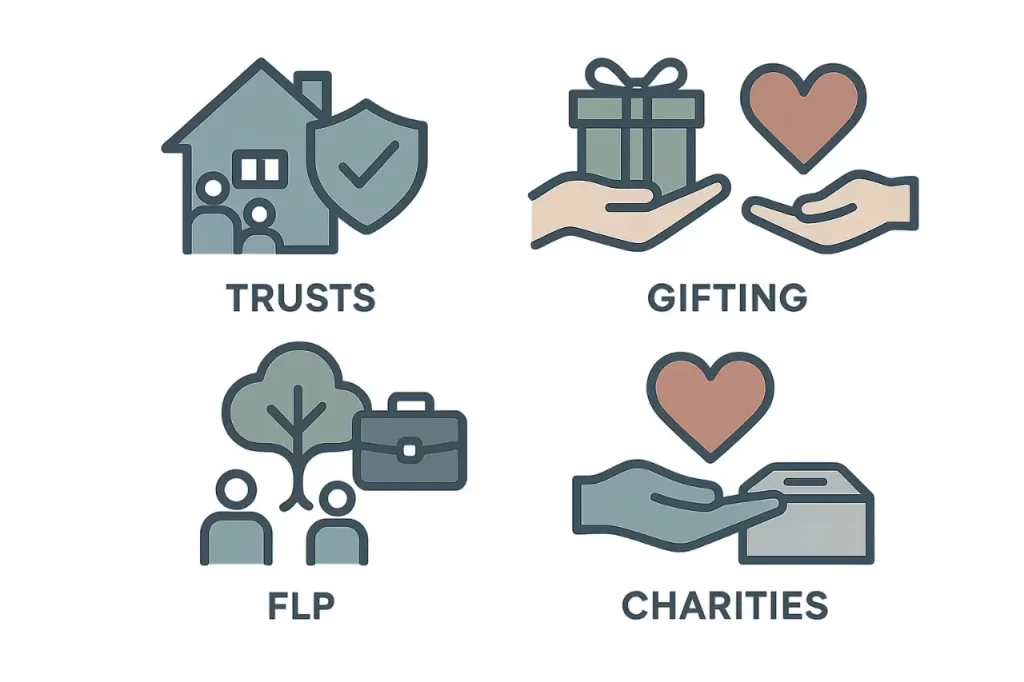 Icons of irrevocable trust, lifetime gifting, FLP, and charity representing estate planning for 2026 death tax