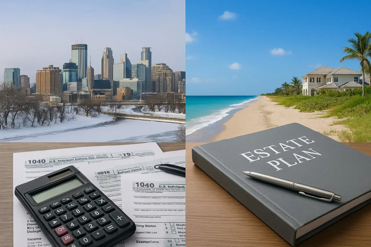Minnesota estate tax planning to Florida visual showing tax burden vs wealth protection.