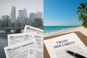 Minnesota to Florida estate planning visual contrast of taxes and legacy protection.